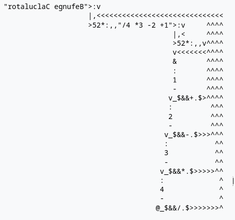 Source code of an interactive calculator in Befunge. Source: Esolangs wiki